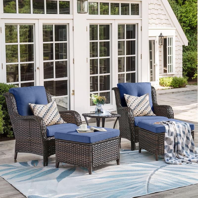 Pocassy 5 Pieces Outdoor Patio Chairs Ottoman Table with Cushion - Blue cushion - Brown Wicker