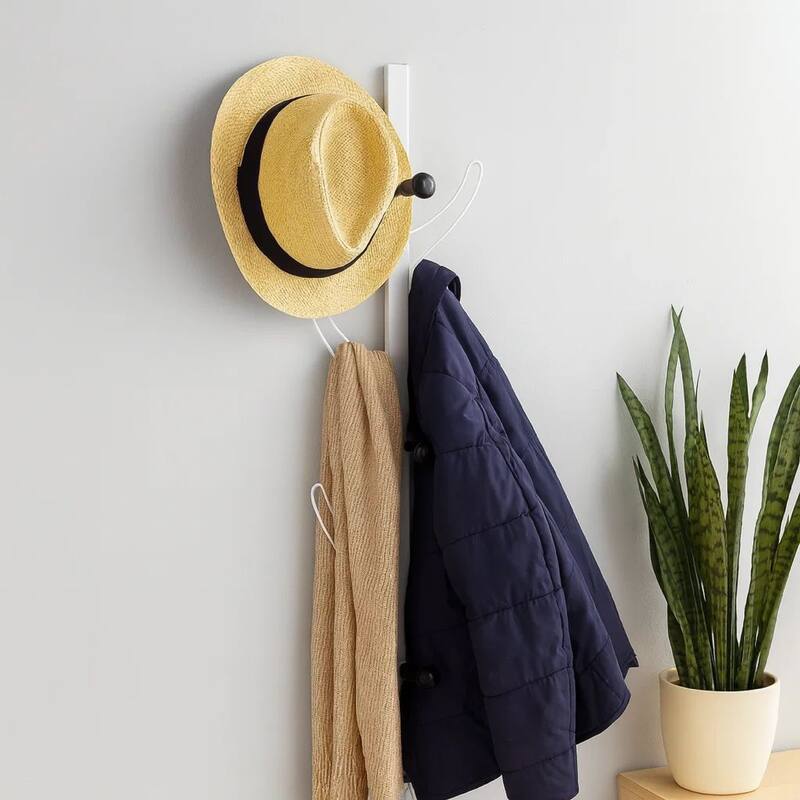 34 Inch Wall Mounted Coat and Hat Rack with 8 Hooks, Silver Metal Frame