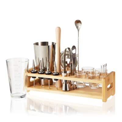 True Barware 20 Piece Bar Kit with Shaker, Mixing Glass, Muddler, Double Jigger & More, Stainless Steel, Glass, Set of 20, Wood