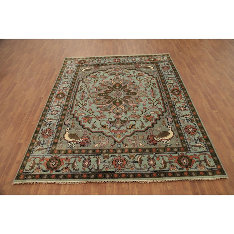 Hand Knotted Oriental 100% Wool Carpet Transitional Floral Navy Blue & Blues Oushak Area Rug - 9' 9'' X 7' 11''