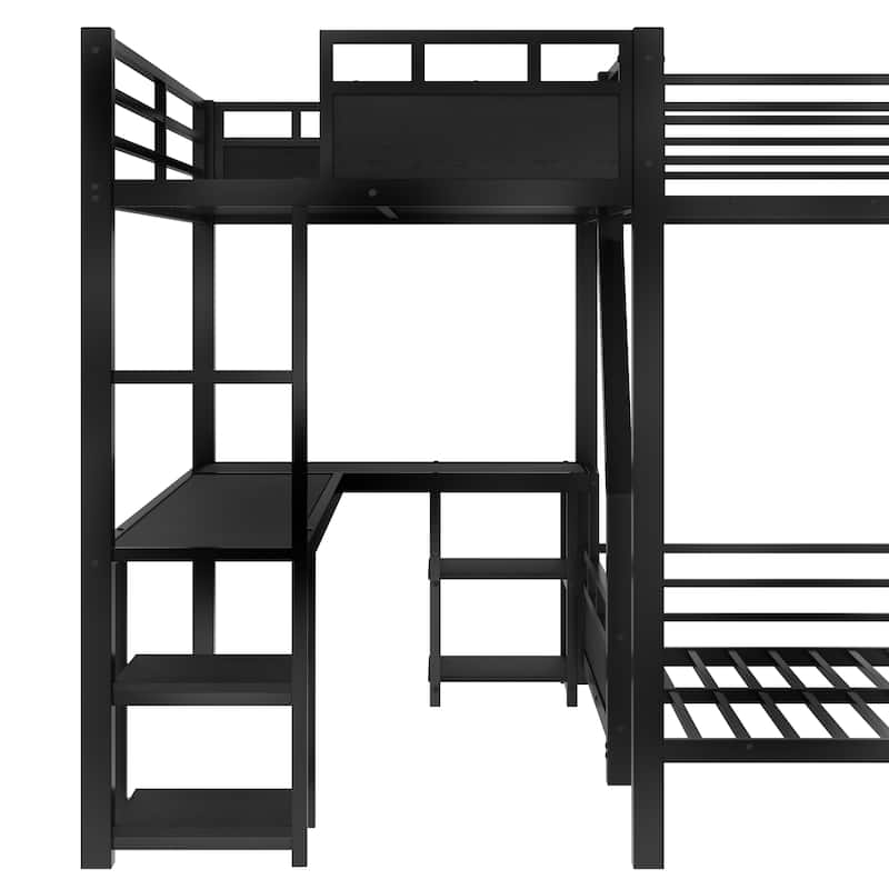 L-shaped Triple Bunk Bed with Loft Bed and Bunk Bed, Metal Storage Bed Frame with Integrated Desk, Open Shelves and Slide
