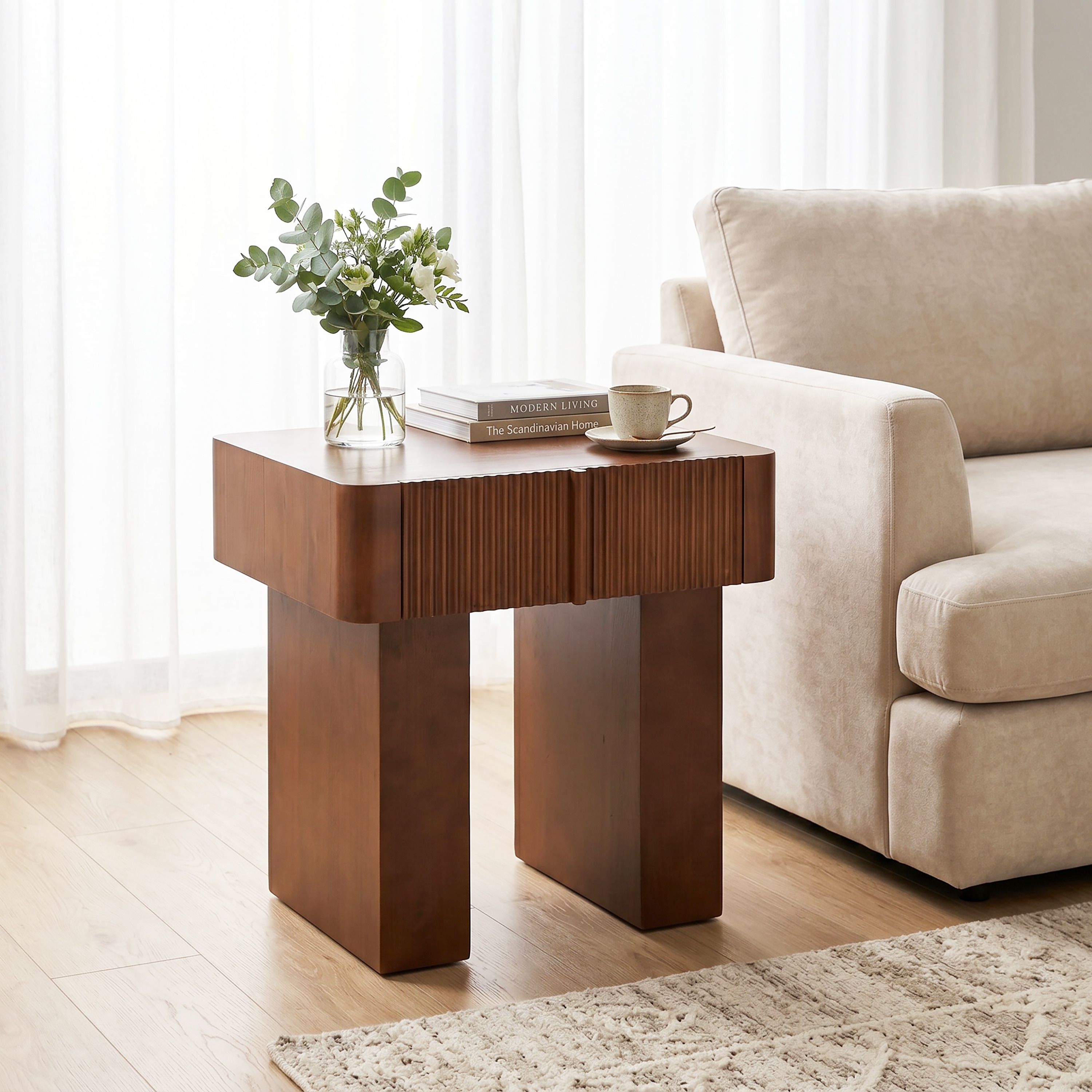 Christopher Knight Home - Mid-Century Wood End Table Side Table with Fluted Hidden Storage Drawer for Bedroom and Living Room