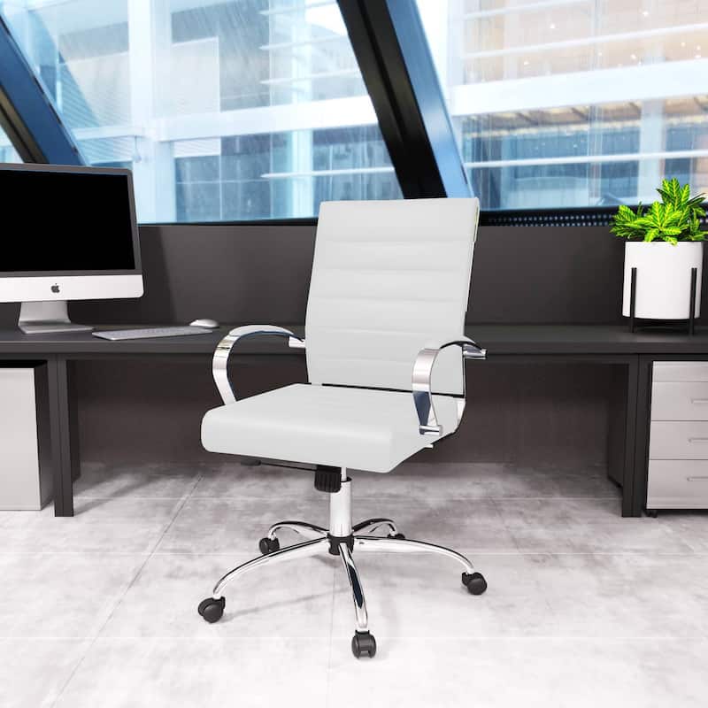 LeisureMod Benmar Mid-Back Swivel Leather Office Chair W/ Chrome Base - White