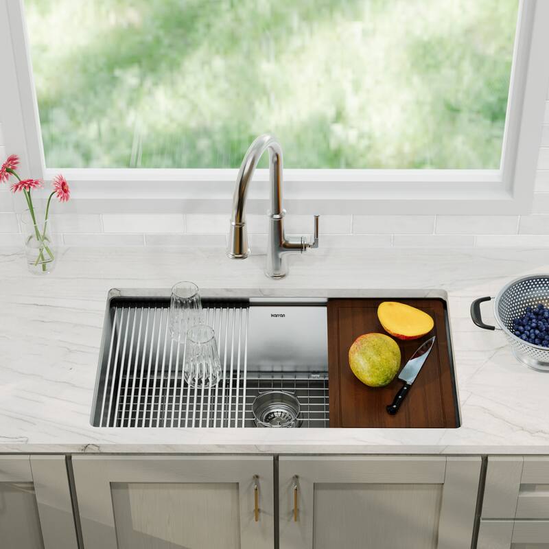 Karran 32" Undermount Large Single Bowl Stainless Steel Workstation Sink
