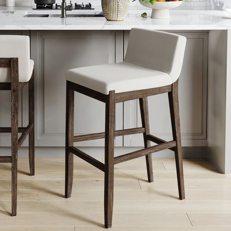 Gracie Modern Bar Stool, Boucle Upholstered Chair and Brushed Wooden Legs - Single - Cream Boucle/Dark Brown - Bar Height - 29-32 in.