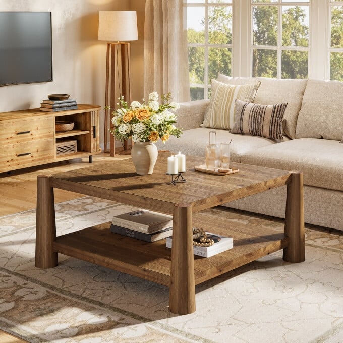 34" Square Solid Wood Coffee Table, Rustic Living Room Center Table