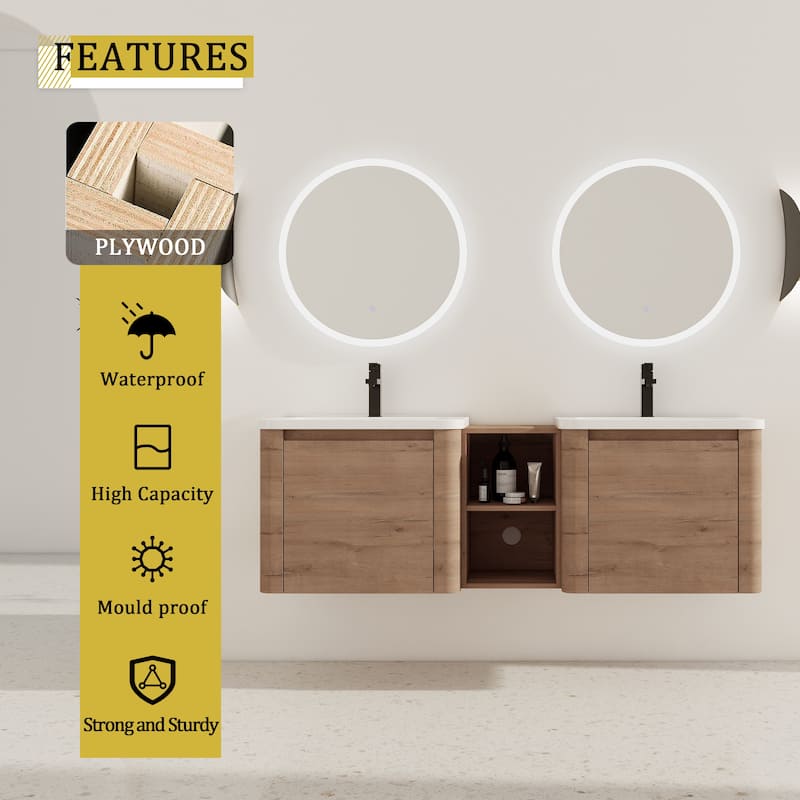 Wall-Mounted Bathroom Vanity with Ceramic Sink and Storage Shelves