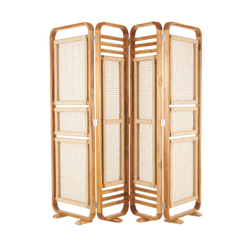 Teak Wood Handmade Foldable Partition 4 Panel Room Divider Screen with Woven Rattan Panels - Brown - Roche River Decor