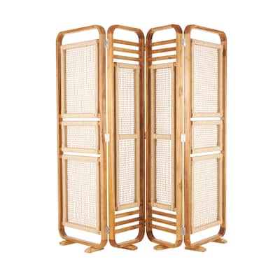 Teak Wood Handmade Foldable Partition 4 Panel Room Divider Screen with Woven Rattan Panels - Brown - Roche River Decor