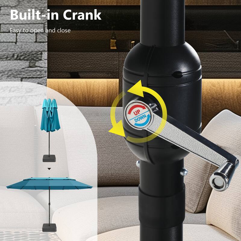 MAISON ARTS 15ft 2-Tier Large Patio Umbrella with Solar Lights, Double-Sided Outdoor Market Umbrellas with Base Included