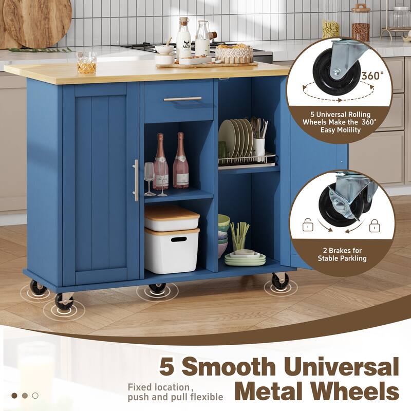 Rolling Kitchen Island Cart with Open Shelf & Drop Countertop - N/A