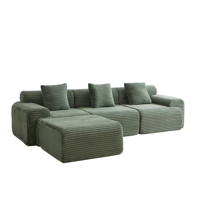 L-Shaped Modular Sectional Sofa with Ottoman, Corduroy Upholstered Boneless Couch, Deep Seat Sofa with Throw Pillows