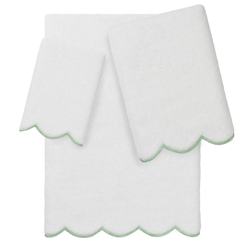 Authentic Hotel and Spa 100% Turkish Cotton ADORNIA Scallop Towel Set - White/Green - 3 Piece Set