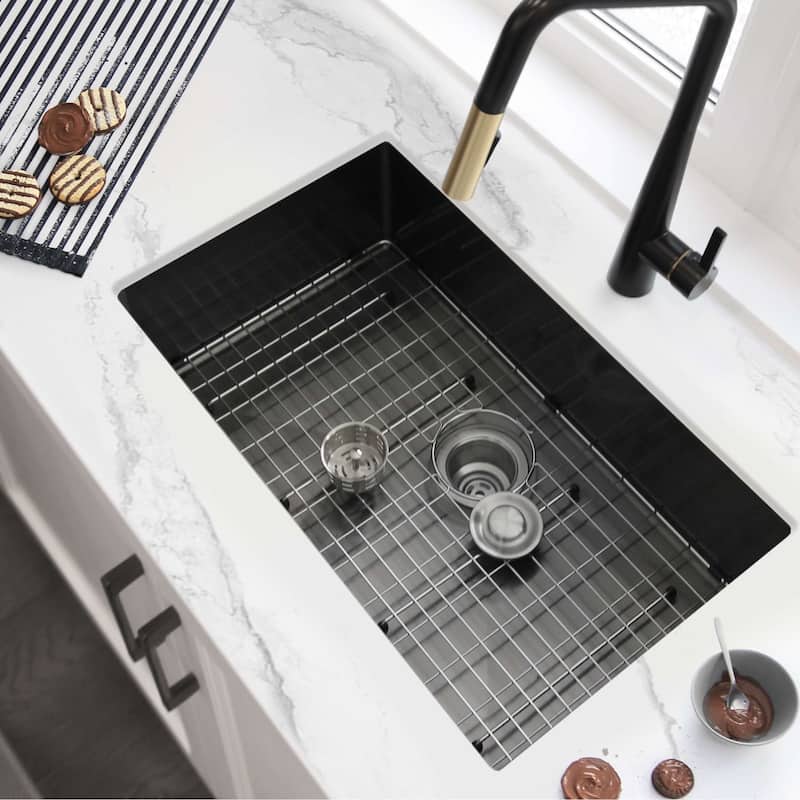 STYLISH 30 inch Graphite Black Single Bowl Undermount Stainless Steel Kitchen Sink with Grid and Basket Strainer Handmade - Graphite Black