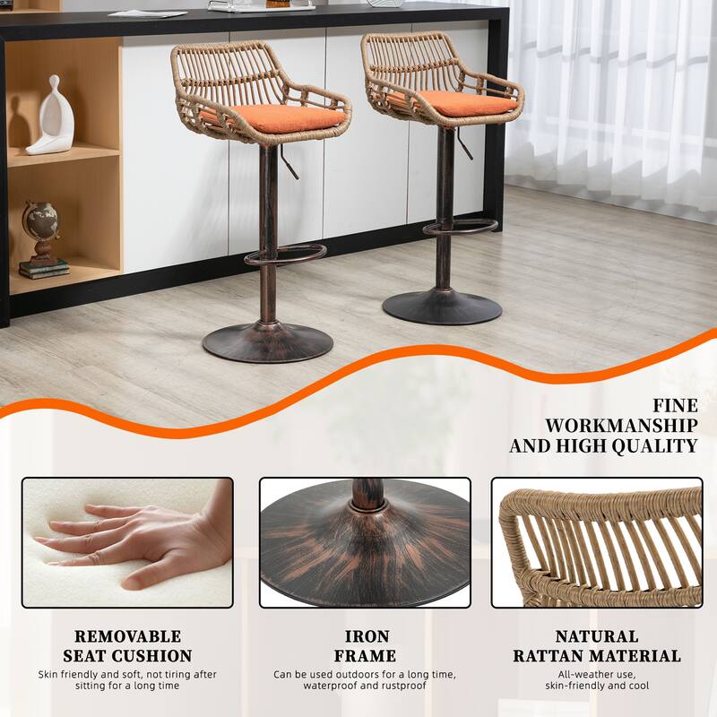 Plastic Rattan Linen Swivel Adjustable Height Bar Stools With Footrest(set of 2)
