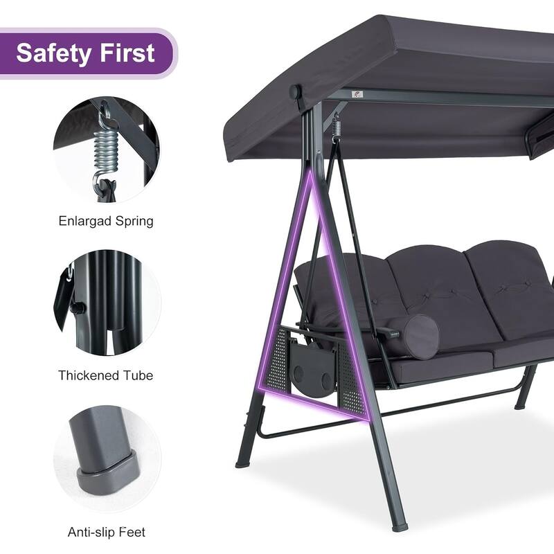 PURPLE LEAF 3-seat Outdoor Porch Swing All-Weather Steel Frame for Backyard Front Porch Lawn, Cushions and Pillow Included