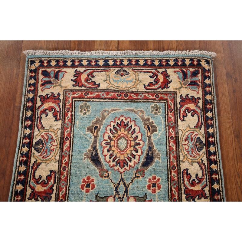 Light Blue Floral Kazak Oriental Runner Rug Hand-Knotted Wool Carpet - 2'1" x 5'11"