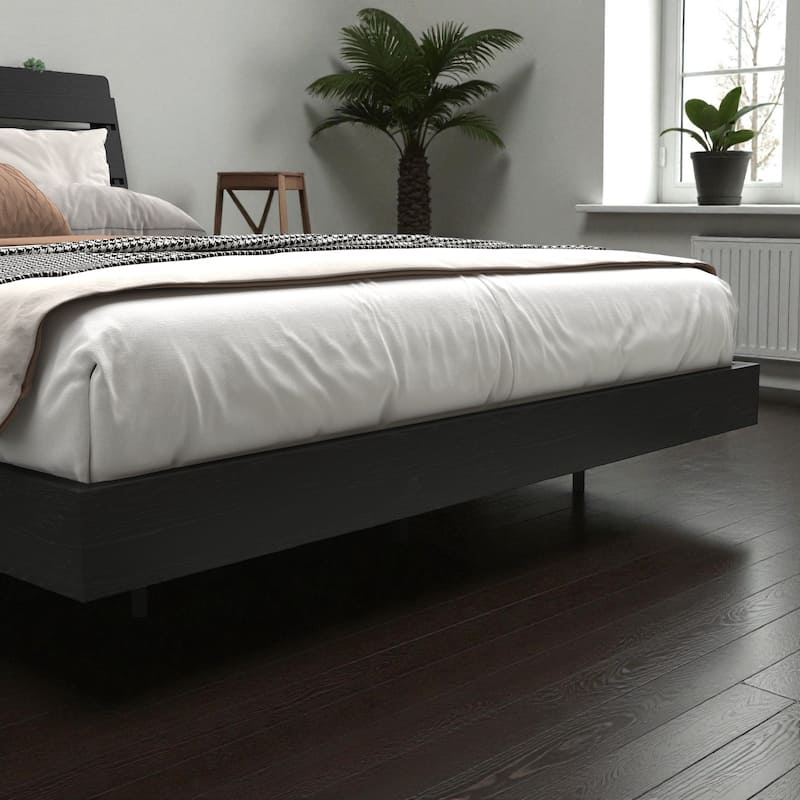Queen Floating Bed Frame with LED Lights and Charging Station, Storage Headboard, No Box Spring Needed