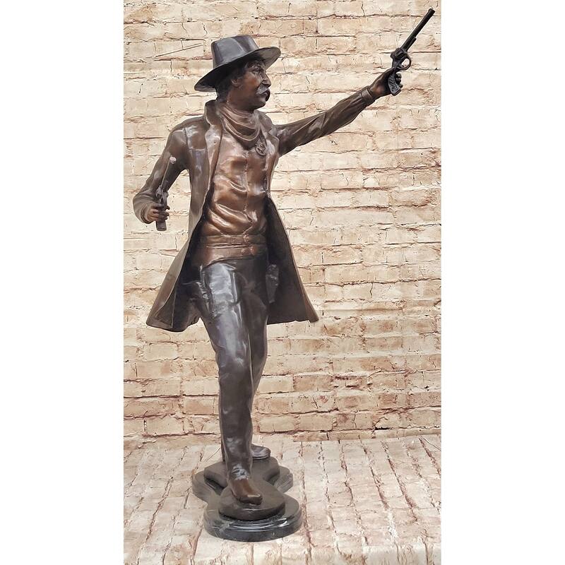 Wyatt Earp Gunslinger Wild West Sherriff Shooting Dual Pistols - Bronze Sculpture Statue Western