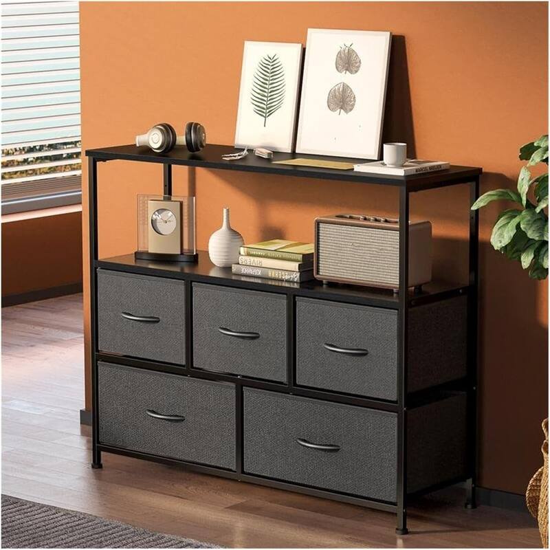 Modern 5 Fabric Drawer 11.8 in. Wide Chest of Drawers with Open Shelf & TV Stand for 45 Inch TV Living Room
