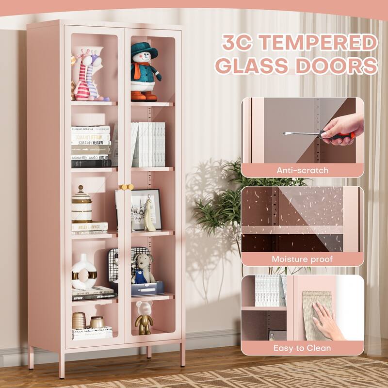 4/5-Tier Glass Curio Display Cabinet with Doors & Adjustable Storage Shelves