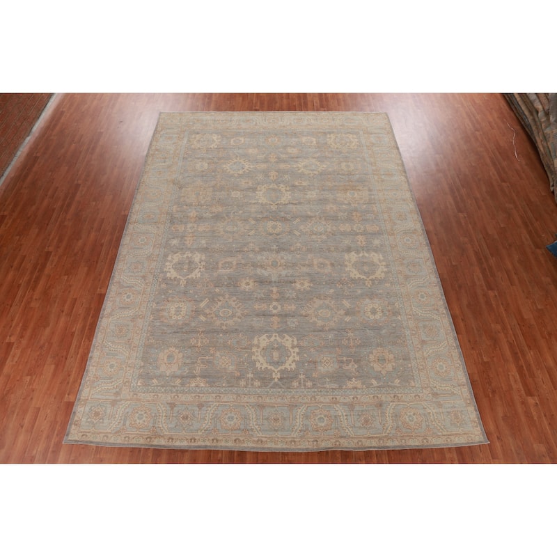 Hand Knotted Oriental 100% Wool Carpet Transitional All-Over Greys & Charcoal Oushak Area Rug - 14' 0'' X 10' 1''