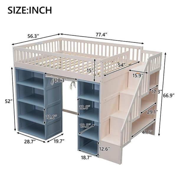 Multi-Functional Full Size Loft Bed with 2 Four-layer Storage Cabinets and Curtain, Large Storage Space, White+Blue