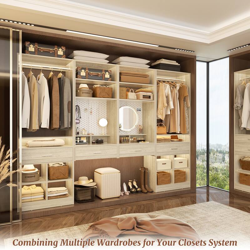 Set of 2 Closet System with Hanging Rod and 11 Open Shelves,Walk-in Closet Organizer with 2 Wooden Drawers and Magnetic Pegboard