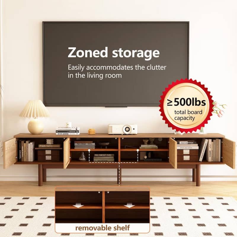 86.6" Solid Wood TV Stand with Slatted Door Design, Media Console for 90" TVs, - 86.6"Wx15.7"Dx20.8"H