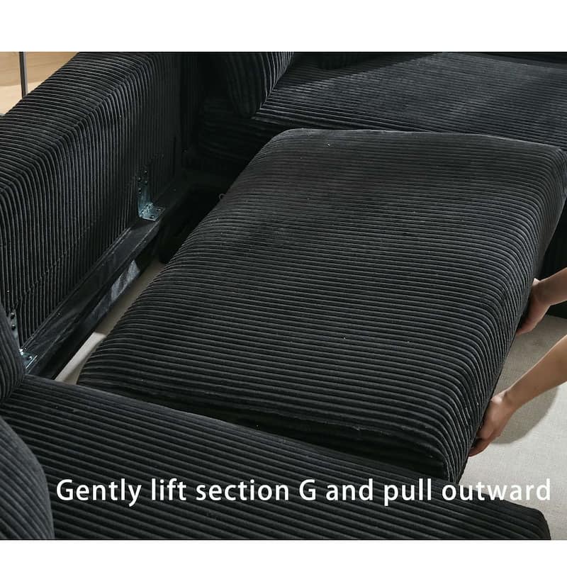 114" U-Shaped Corduroy Pull Out Sleeper Bed Sofa Chaise with Pillows