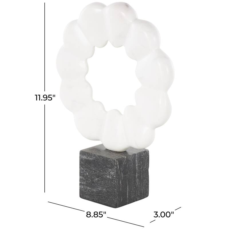 White Marble Floral Inspired Ring Geometric Decorative Sculpture with Black Block Base