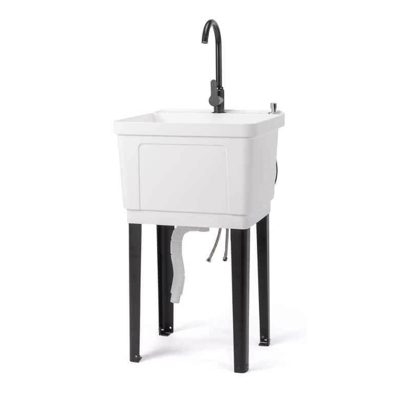 Freestanding Plastic Utility Sink with Stainless Steel Faucet - White