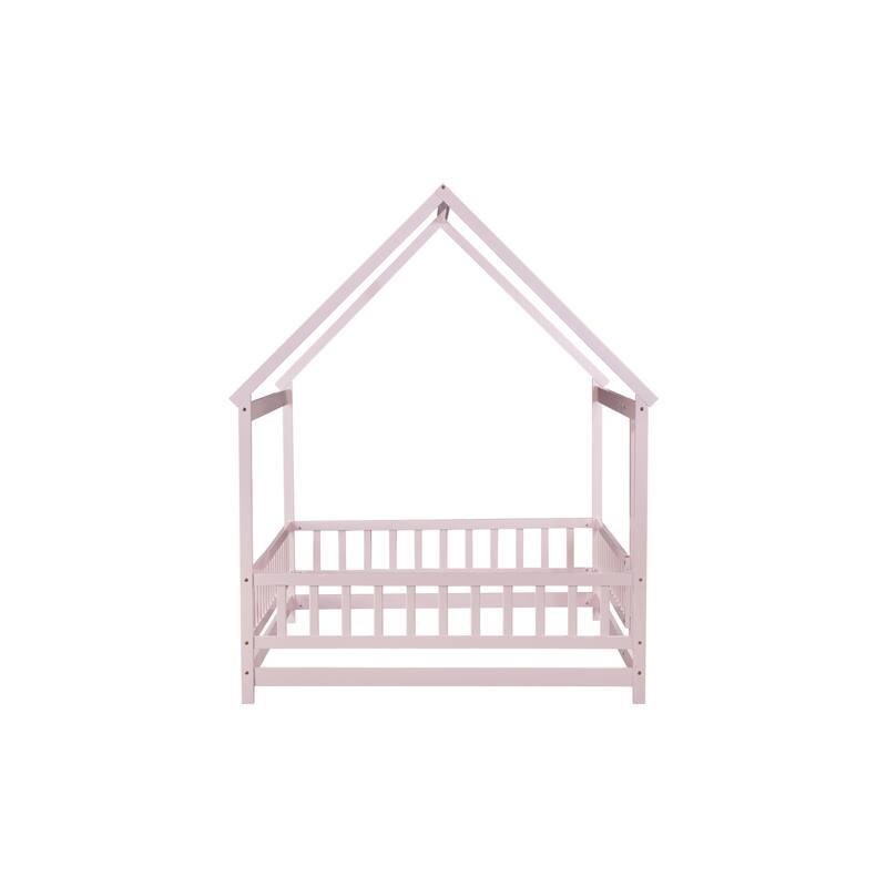 Full Size House Floor Wooden Bed with Roof Frame, Safety Guardrails