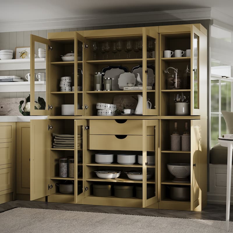 Palace Imports 100% Solid Wood Kitchen China Cabinet Pantry with Glass or Solid Wood Doors and 2-Drawer Kit - 65" x 71.5" - Yellow - Clear Glass-Solid