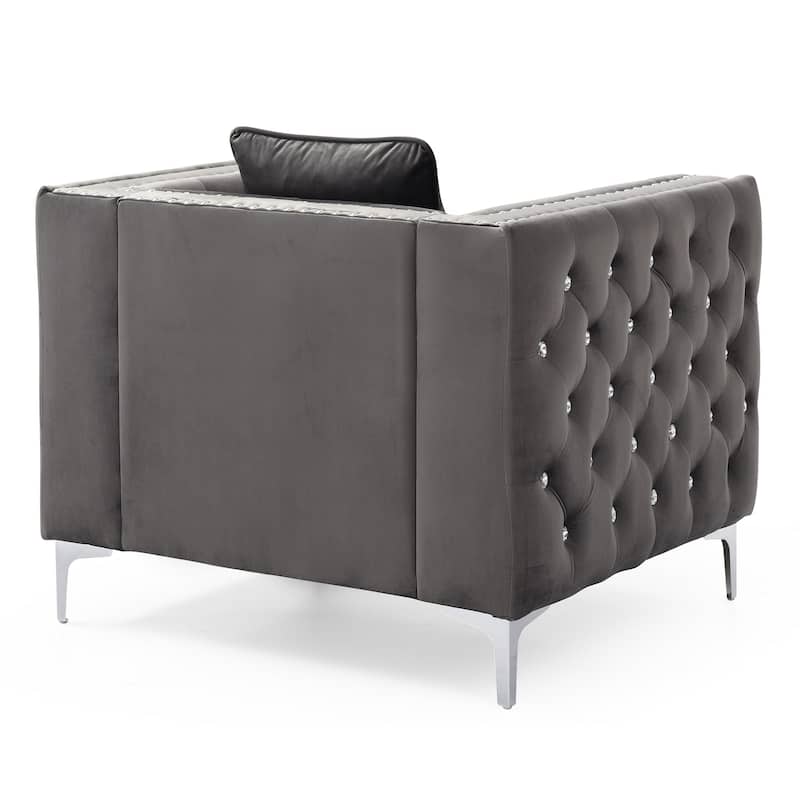 Button Tufted Velvet Accent Chair with Square Pillow - 40" - Gray