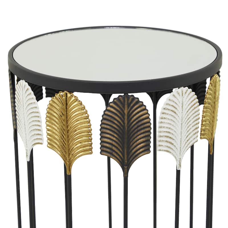 Metal Leaf Accent Table with Mirrored Glass Top - Set of 2 Black - Roche River Decor