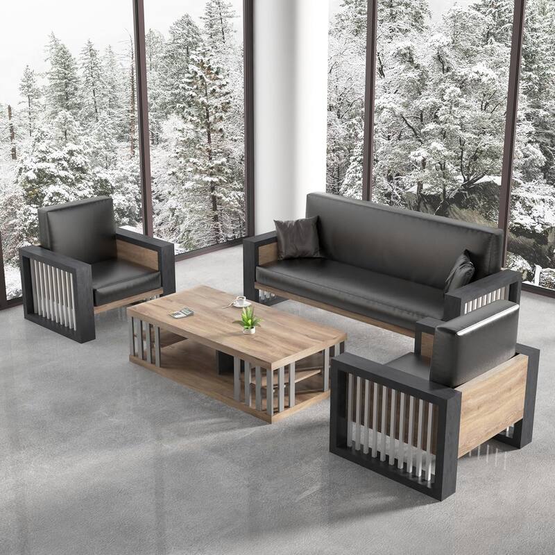 WESOME 3 Piece FU Leather Sofa Set with Coffee Table - 3-Set Sofa & 2 Single Sofa