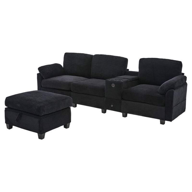 HOMEFUN Corduroy Upholstered L-Shaped 4-seater Storage Multifunctional Sectional Sofa with Storage Ottoman,Cup Holder and USB