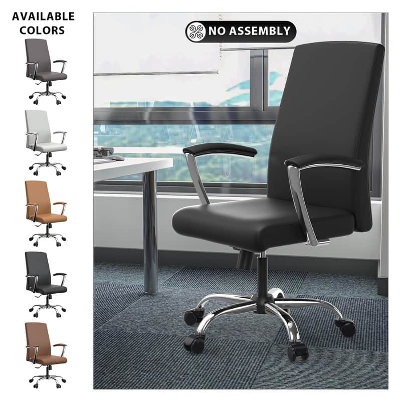 LeisureMod Evander Modern Swivel Office Chair in Faux Leather with Silver Frame