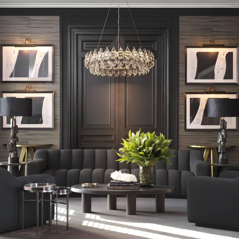 Modern Glam Chrome Round Crystal LED Chandelier for Dining Room - 23.6 in. W x 86.6 in. H