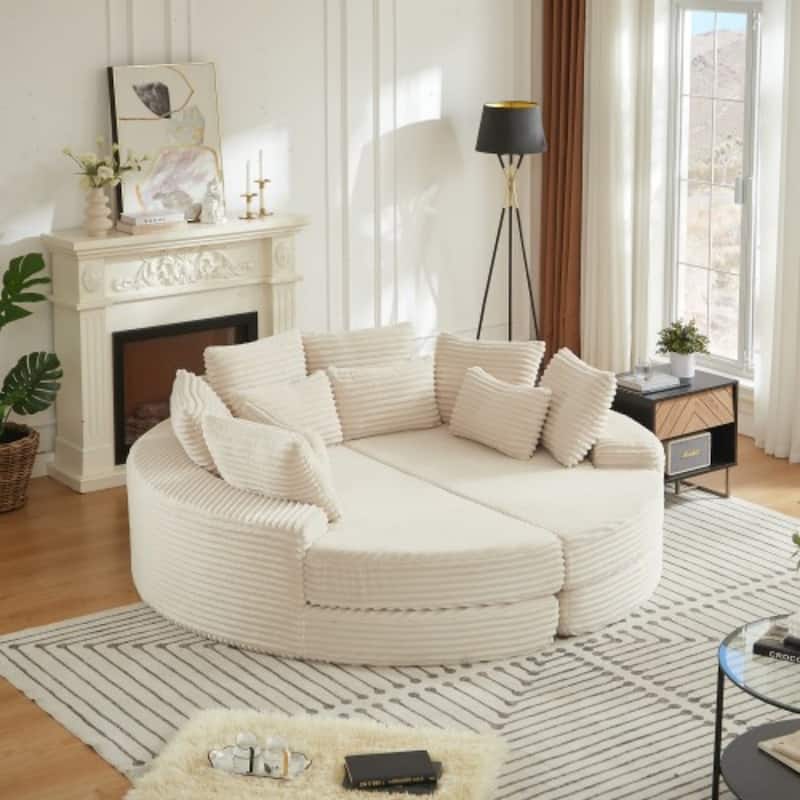 78.5" Corduroy Round Oversized 2-In-1 Sofa Bed, Neck Pillow Design With Four Throw Pillows - Beige