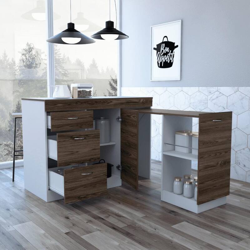 White & Dark Walnut Kitchen Base Cabinet with 3 Drawers, 2 Shelves & Expandable Top Surface