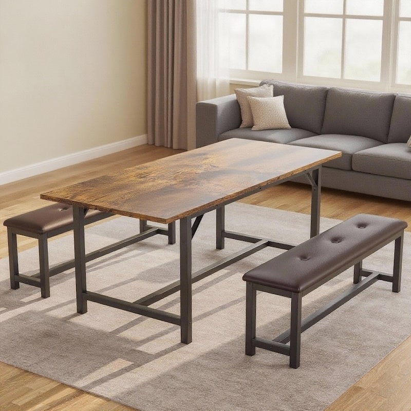 3-Piece Kitchen Table with 2 Upholstered Benches, 63" Extendable Dining Table Set - Brown