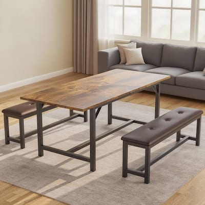 3-Piece Kitchen Table with 2 Upholstered Benches, 63" Extendable Dining Table Set