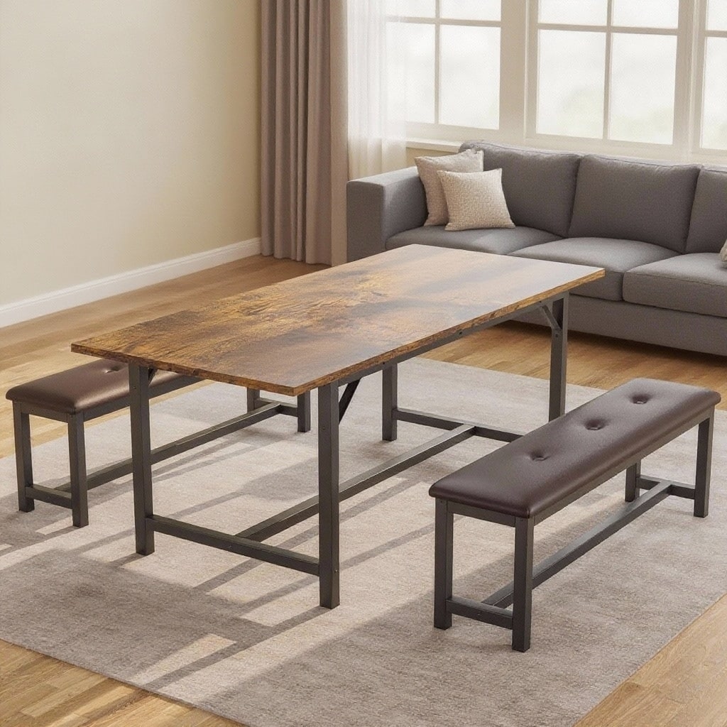 3-Piece Kitchen Table with 2 Upholstered Benches, 63" Extendable Dining Table Set