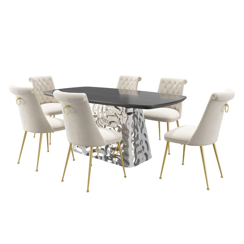 7-Piece Clihome Modern Stainless Steel Table Velvet Chair Dining Set