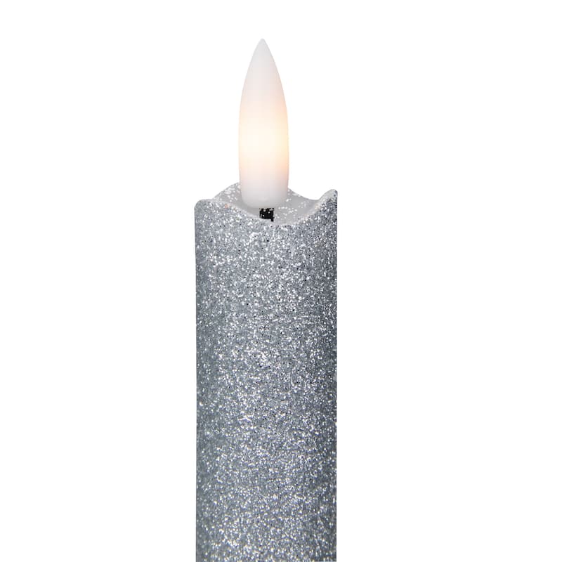 Set 2 Silver Glittered LED Flameless Taper Christmas Candles 11"