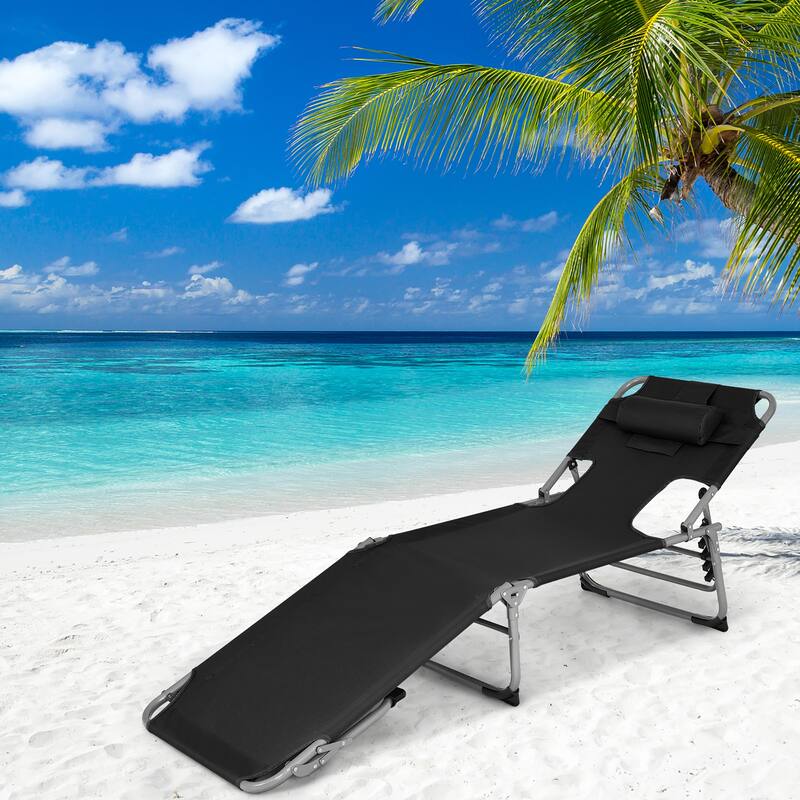 Goplus Outdoor Beach Lounge Chair Folding Chaise Lounge with Pillow - See Details - Black
