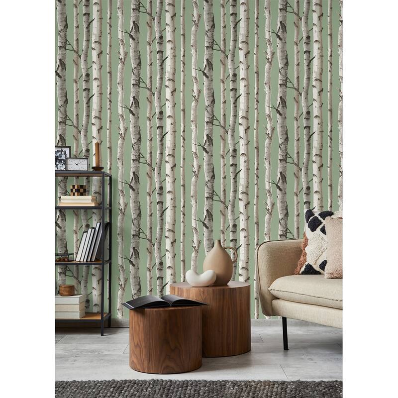 Fine Decor Chester Sage Birch Trees Wallpaper