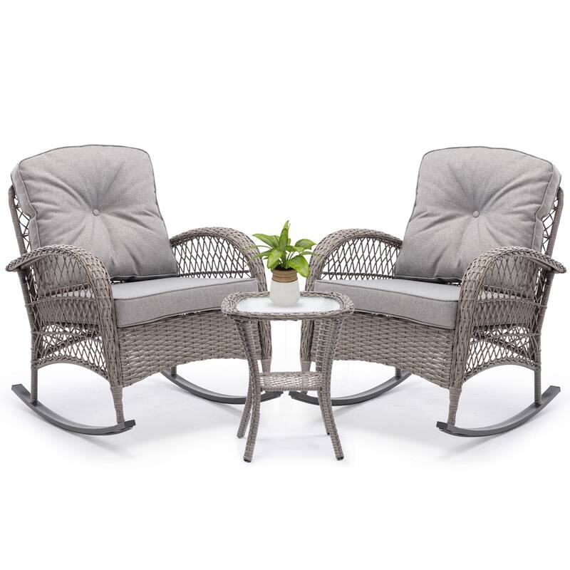 3 Pieces Outdoor Swivel Rocker Chairs, 360 Degree, Thickened Cushions & Glass Coffee Table - Grey-Rocking
